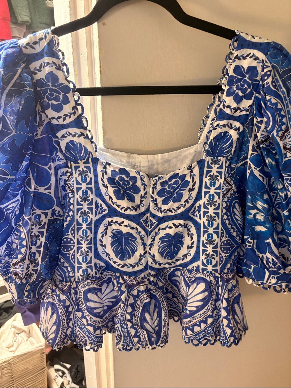 Farm Rio Blue Floral Puff-Sleeve cotton cropped Peplum Top - Picture 7 of 9